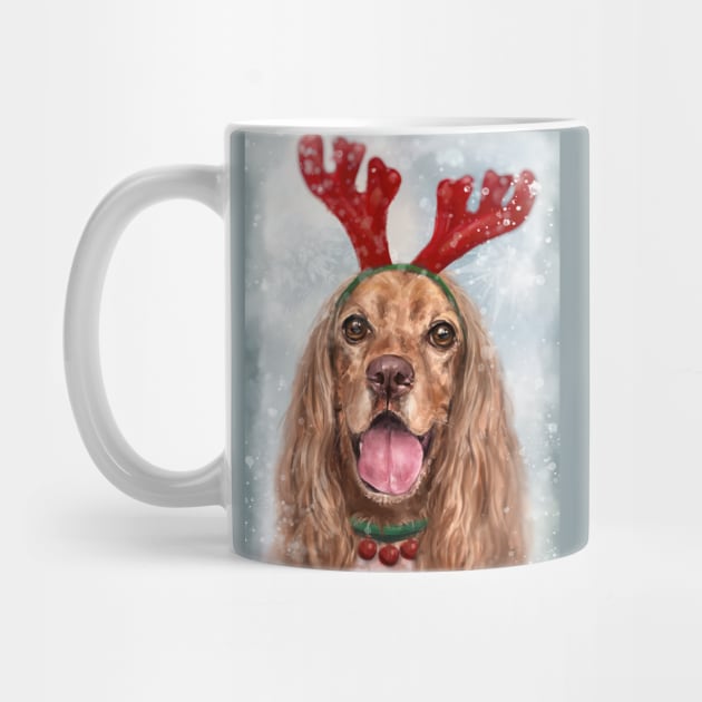 Painting of a Smiling Cocker Spaniel with a Reindeer Headpiece Antlers Costume in the Snow by ibadishi